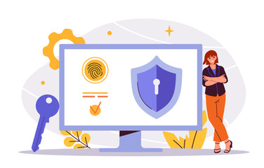 A woman stands near a computer monitor displaying a fingerprint, shield lock icon, and security checkmark in flat style on a white background. Concept of online data protection. Vector illustration