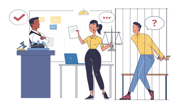 Judge, lawyer with scales, and handcuffed man in courtroom setting, flat graphic style on white background. Concept of justice, legal process. Vector illustration