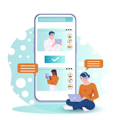 Woman with laptop and headphones next to large smartphone screen showing user profiles, flat graphic style, abstract bubble background. Concept of social media. Vector illustration