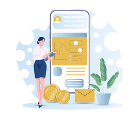 Woman holding documents stands by large smartphone screen with financial dashboard, coins, envelope, and plant on abstract background. Concept of finance app. Vector illustration