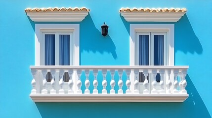 Fototapeta premium Turquoise Building with White Balcony and Windows.