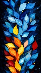  Abstract colorful leaf pattern with vibrant blues and warm hues on dark background, perfect for nature-themed designs