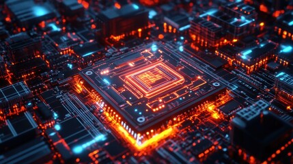 Obraz premium A futuristic AI-powered electrical circuit embedded in a glowing microchip.