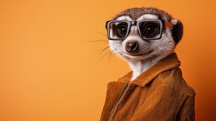Fototapeta premium Stylish meerkat in glasses and corduroy jacket poses on vibrant orange background
