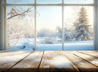 Winter Window View with Snowy Wooden Table Top Background for Product