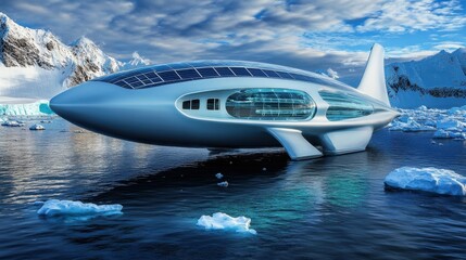 Fototapeta premium A futuristic airship with solar-powered propulsion floating over the Arctic.