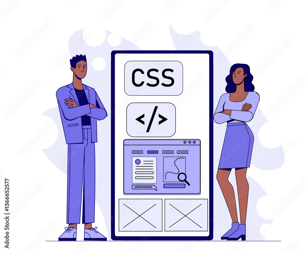 Poster two people standing beside a large screen showing css code and ui layout elements, flat style on whi