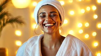 A rejuvenated young woman basking in post-spa bliss.