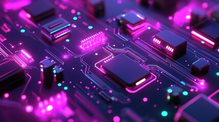 Fototapeta premium A futuristic circuit board with glowing neon pathways and microcomponents.