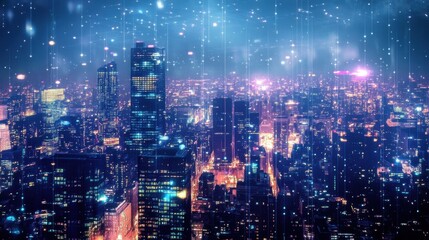 Obraz premium A futuristic cityscape with an illuminated electrical grid overlay.