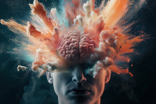 Surreal human head with exploding colors and exposed brain
