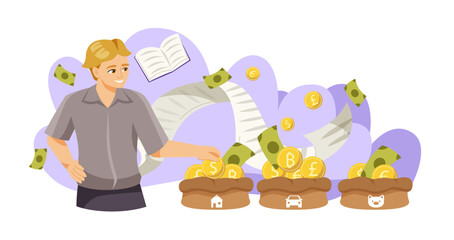 Man placing money into labeled savings bags with symbols for house, car, and pet, cartoon style on white and purple background, concept of financial planning. Vector illustration