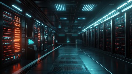 A futuristic cloud computing server room with glowing data flow animations.