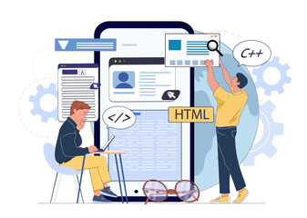Two developers collaborating on code and interface with programming languages like HTML and C in a modern flat style on a white background. Concept of teamwork. Vector illustration