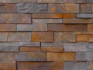 Fototapeta premium Textured stone wall with natural gray and brown tiles in stacked pattern