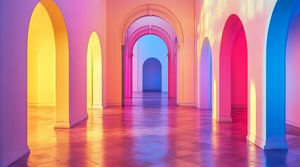 A long hallway filled with arches and colorful vibrant lighting