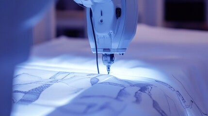 A robotic arm in a cutting edge AI driven fashion lab, sewing intricate fabric patterns into smart textiles for healthcare applications, Fashion-tech style