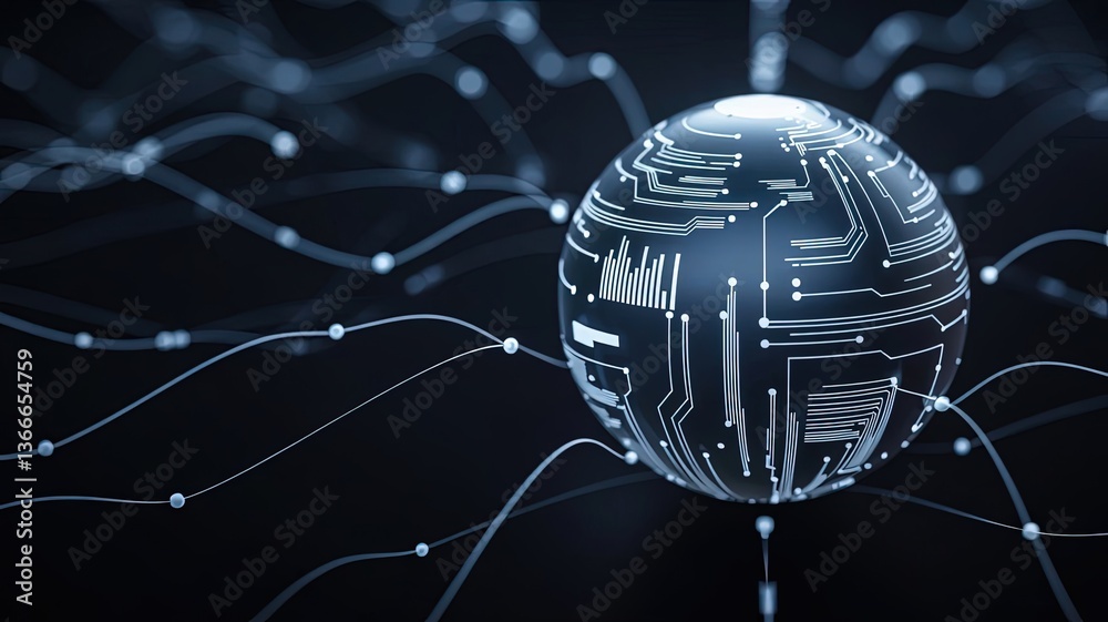 Poster digital network sphere: a stylized, high-tech sphere, crafted with intricate circuit patterns, conne