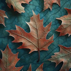 Fototapeta premium Vibrant autumn leaves with vein patterns on teal background - close-up nature detail