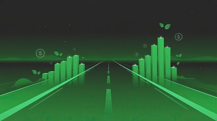 Fototapeta premium Green Road to Progress: A symbolic depiction of a highway stretching towards the horizon, flanked by growing green structures suggesting growth and sustainability.