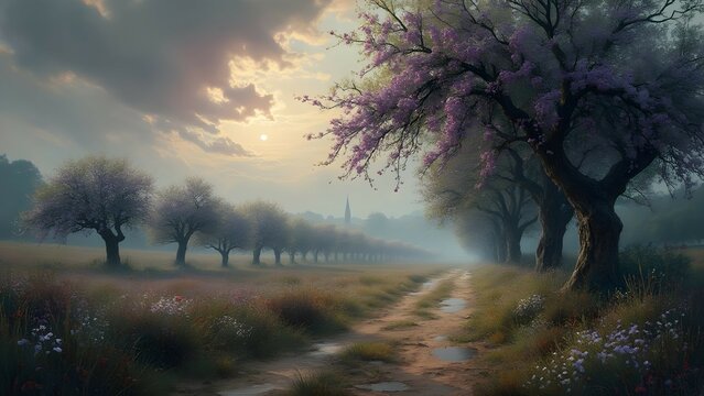 Spring orchard with purple blossoms on rainy dirt road 