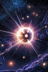 Fototapeta premium Vibrant cosmic explosion with colorful light beams in a star-filled galaxy