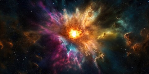 Vibrant cosmic explosion with swirling gas and dust in space, radiating orange, purple, and blue hues