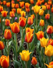 Vibrant red, yellow, and orange tulips blooming in a spring garden, outdoor, springtime, nature