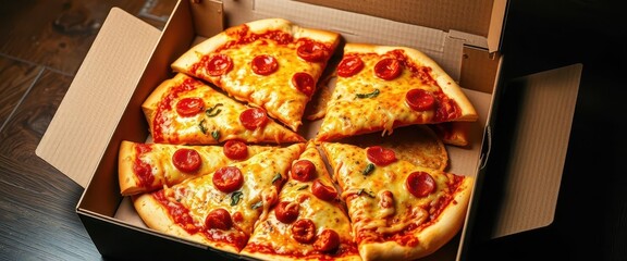 A cardboard pizza box overflowing with cheesy pizza slices, tasty, delicious