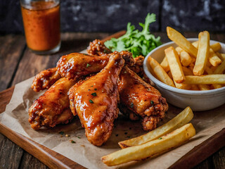 Chicken wings with fries
