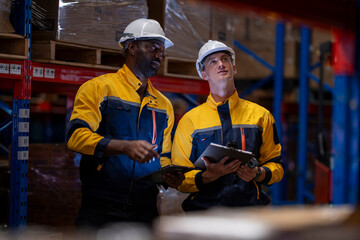 A team of engineers inspects the warehouse in a large storage warehouse. The inspection team uses...
