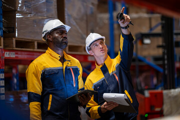 A team of engineers inspects the warehouse in a large storage warehouse. The inspection team uses...