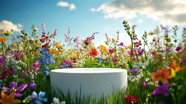 Podium flower product white 3d spring table beauty stand display nature white. Garden floral background cosmetic field scene gift day.