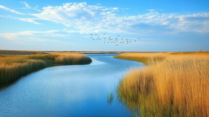 Fototapeta premium Serene Marshland Landscape with Waterway and Birds in Blue Sky