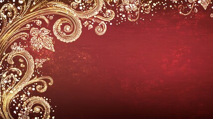Gold colored floral design accents a deep red textured background