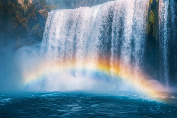 Majestic waterfall cascading into a pool with a vibrant rainbow at midday in a serene natural setting