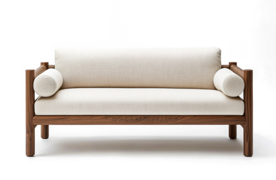 a white couch with wooden legs and a wooden back on transparent background. 
