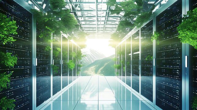 Modern eco-friendly data center with energy-efficient servers surrounded by lush greenery, symbolizing sustainable technology and green computing. 