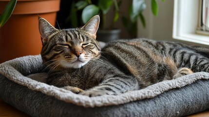 Relaxed Tabby Cat Napping in Cozy Pet Bed Near Window