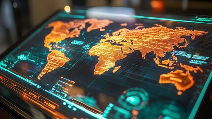 Obraz premium Digital World Map with Futuristic Tech Elements and Data Streams