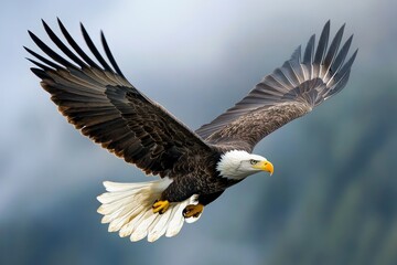 Fototapeta premium Bald Eagle Flying with Open Wings Against Soft Blue Sky Background