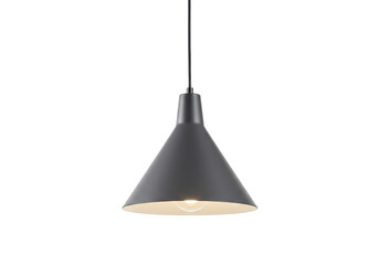 A single gray pendant light fixture hanging from the ceiling in a dark room with a modern design style