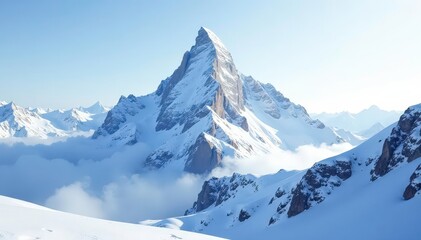 Snow-covered mountain peak, pristine white landscape, scenic, calm