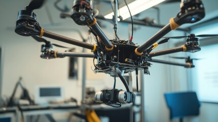A robotic arm in a cutting edge robotics lab, assembling autonomous drones with advanced navigation systems, Aerospace style