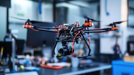 A robotic arm in a cutting edge robotics lab, assembling autonomous drones with advanced navigation systems, Aerospace style