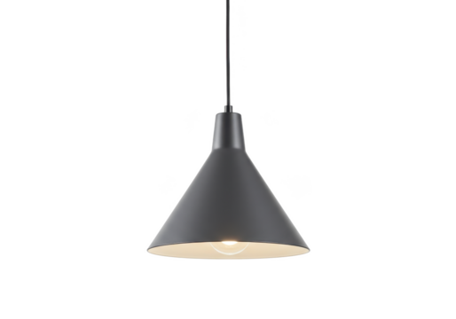 A single gray pendant light fixture hanging from the ceiling in a dark room with a modern design style