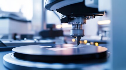 A robotic arm in a cutting edge semiconductor lab, placing wafer chips into precise etching machines, Tech style