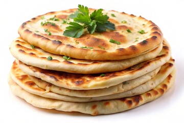 Freshly baked naan flatbreads stacked with a touch of green herbs, perfect for showcasing in culinary photography