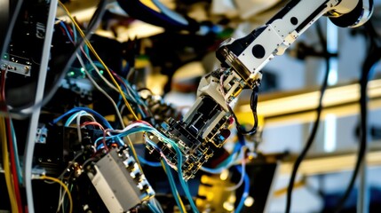 Obraz premium A robotic arm in a cutting edge telecommunications lab, assembling 5G network infrastructure components with AI-guided precision, Telecom-tech style