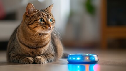 Cat Curiously Observing Colorful Light Device on Wooden Floor